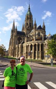 Selfie time for the "old git" and "old gal" outside the Cathedral complete with hivis Tour shirts!