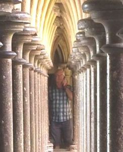 The "old git" at the end of a row of pillars on the edge of the cloisters.